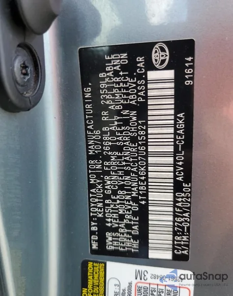 2007 Toyota Camry Ce z USA, uszkodzony, nr VIN 4T1BE46K07U615821